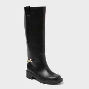 a new day Black Knee-High Leather Boot with Gold Chain Accent